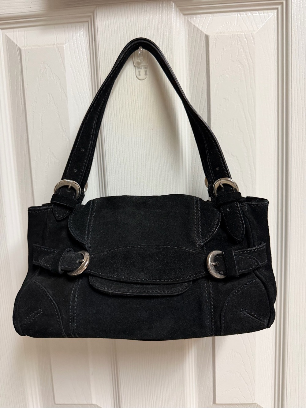 Black Suede Shoulder Bag with Silver Buckle Detail